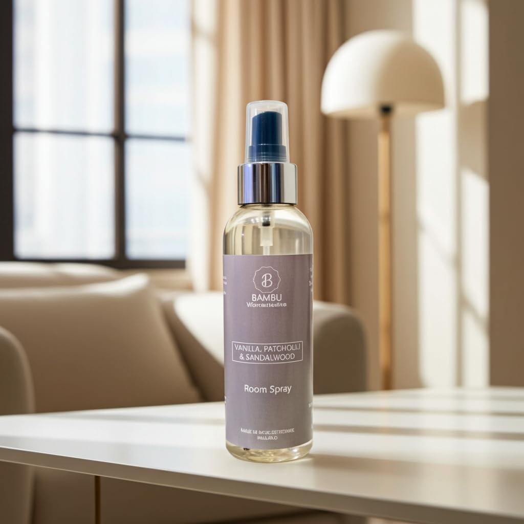 Bambu Vanilla, Patchouli & Sandalwood Luxury Room Spray 150ml – Long-Lasting Home Fragrance & Air Freshener for Bedroom, Bathroom & Office