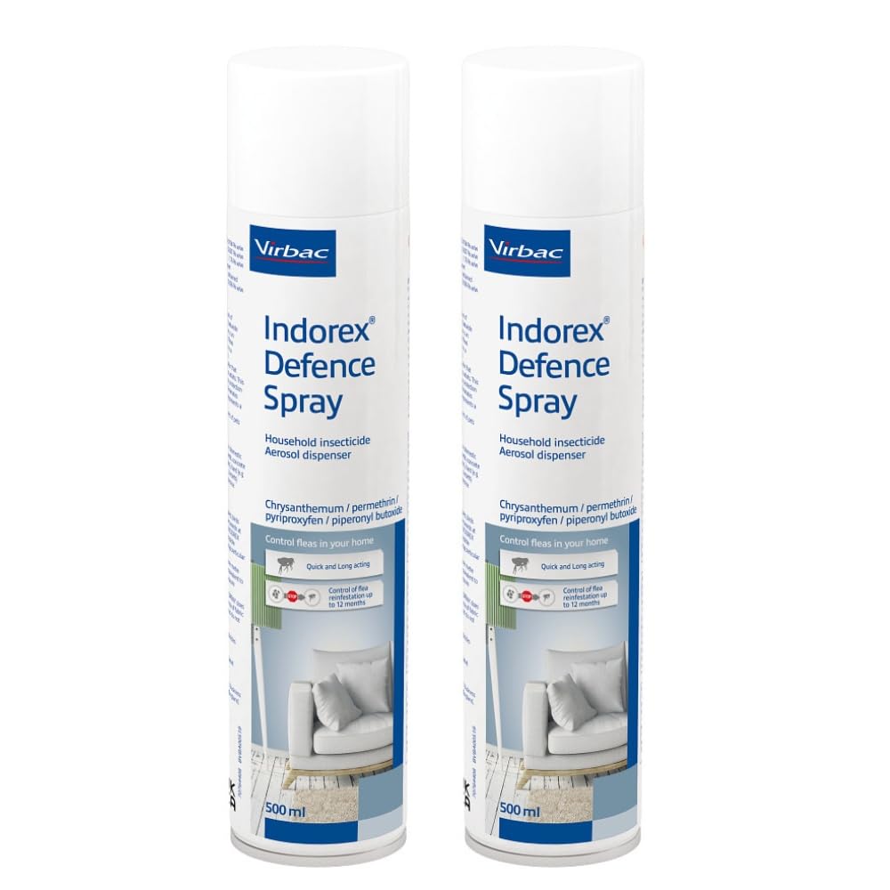 Virbac Indorex Defence Flea Spray for the Home – Long-Lasting 12-Month Protection Against Fleas and Dust Mites – 2 x 500ml Can