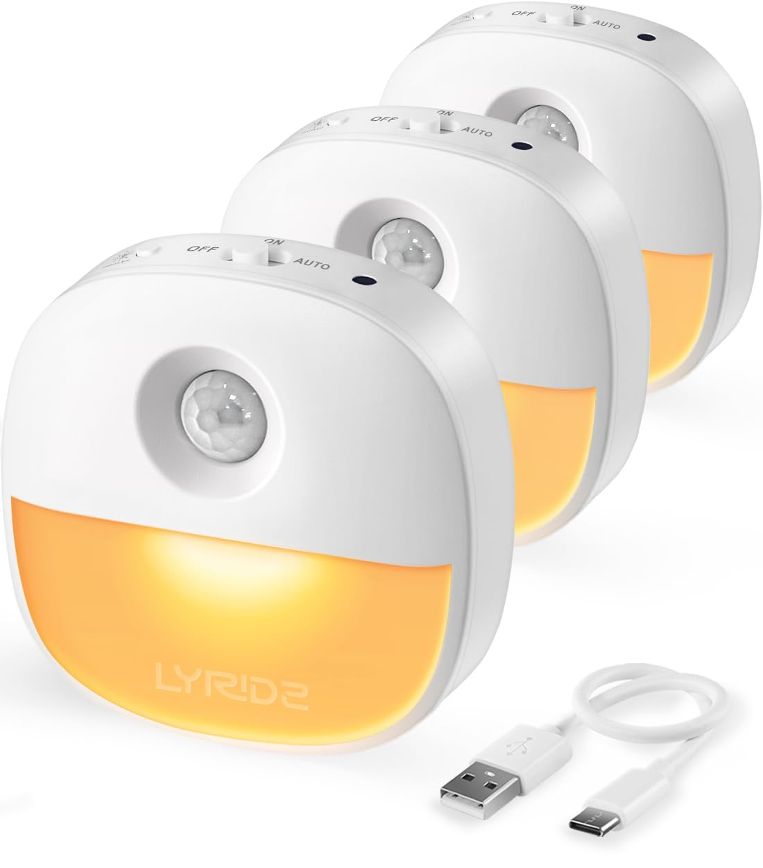 Lyridz Motion Sensor Night Lights (3 Pack), USB Rechargeable Night Light, Motion Sensor Lights Indoor ON/Off/AUTO Modes with Removable Magnetic Stick on Cupboard, Stair, Hallway, Bedroom (Warm White)