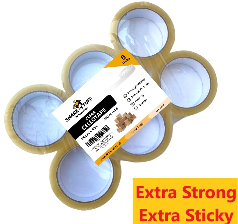 6 Pack - Cellotape Rolls Strong Clear Packing Tape Extra Long | Packaging Sellotape Transparent Stationary Gift Wrap Tape Refill 24mm x 40m