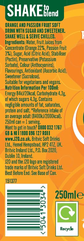 J2O Orange & Passionfruit Juice Blend | 250ml Can | 12 Pack