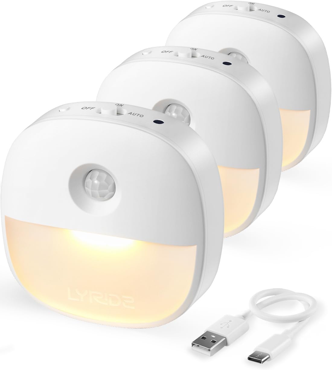 Lyridz Motion Sensor Night Lights (3 Pack), USB Rechargeable Night Light, Motion Sensor Lights Indoor ON/Off/AUTO Modes with Removable Magnetic Stick on Cupboard, Stair, Hallway, Bedroom (Warm White)