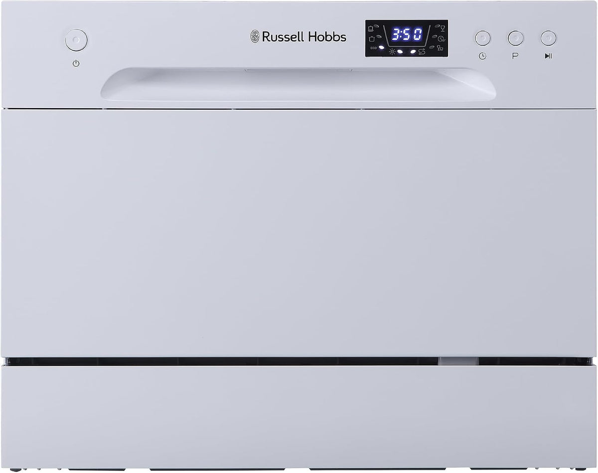 Russell Hobbs Table Top Dishwasher Compact Mini with 6 Place Settings, LED Display, Button Control, 6 Programmes, Portable & Efficient, 24hr Timer, Rinse & Eco Mode in White, RH6TTDW0D1W