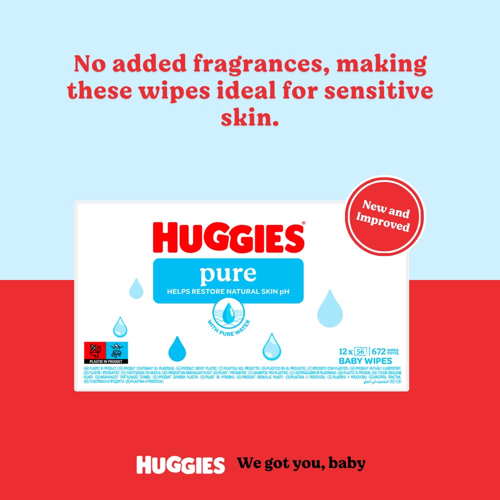 Huggies Pure Plastic Free Baby Wipes - Pack of 12 (576 Wipes) – 99% Water Wet Wipes, Fragrance Free, Hypoallergenic, Better Cleaning, Soft and Gentle on Babies' Delicate Skin