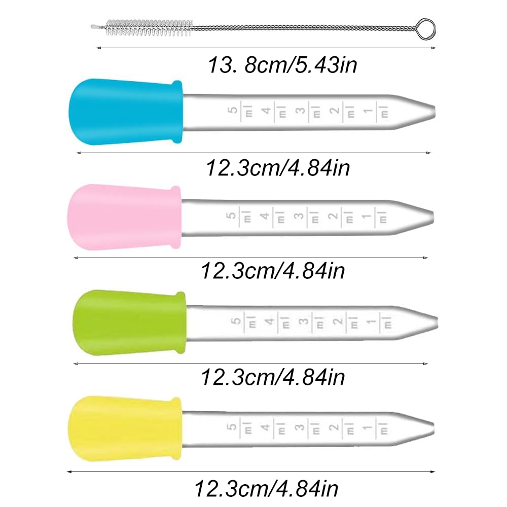 Liquid Droppers, 4 Pcs 5ml Silicone Liquid Droppers, Silicone and Plastic Droppers, Clear Plastic Droppers Pipettes, with Cleaning Brushes, for Gummy Mold and Crafts