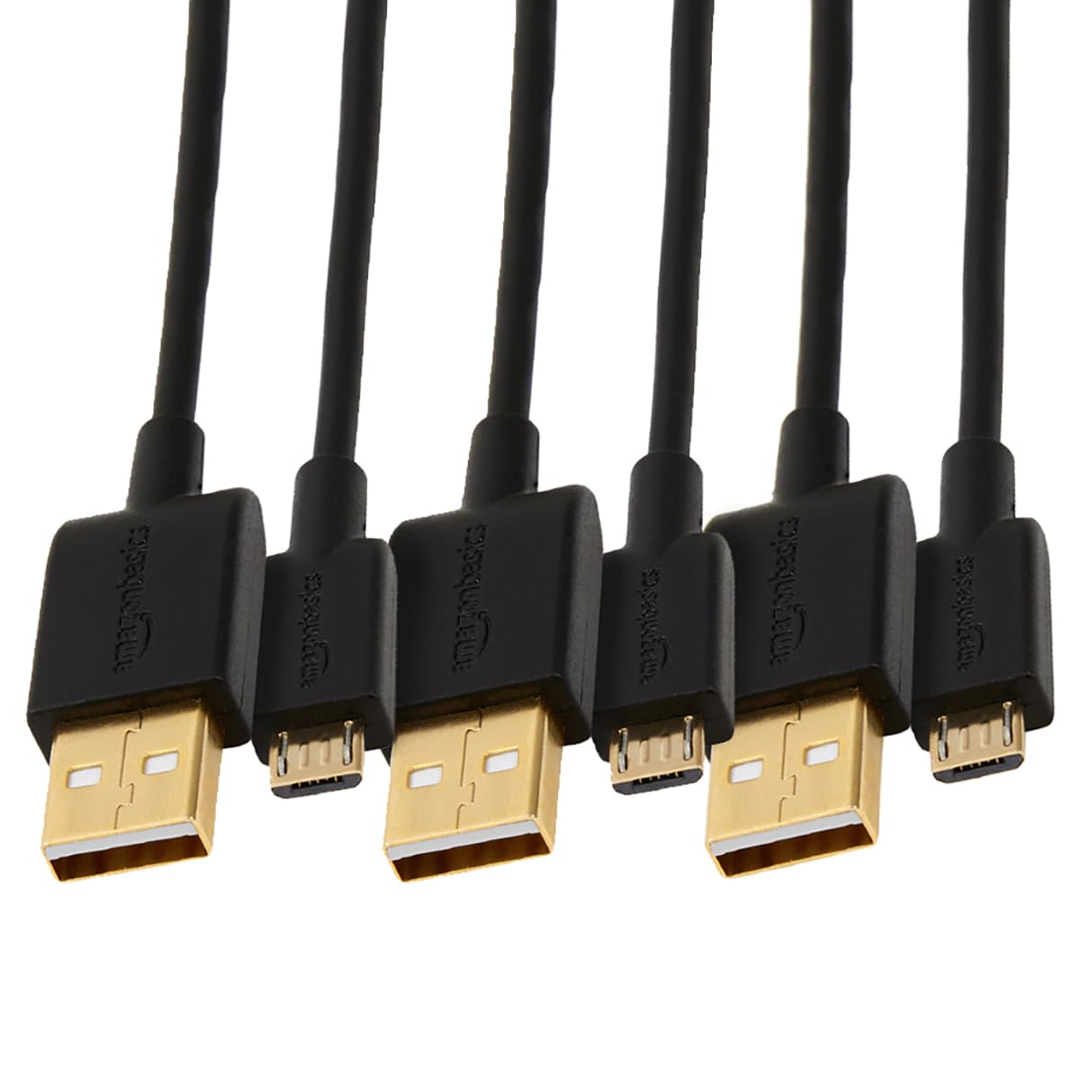 Amazon Basics 5-Pack USB-A to Micro USB Charging Cable, 480Mbps Transfer Speed with Gold-Plated Plugs, USB 2.0, 3 m, Black