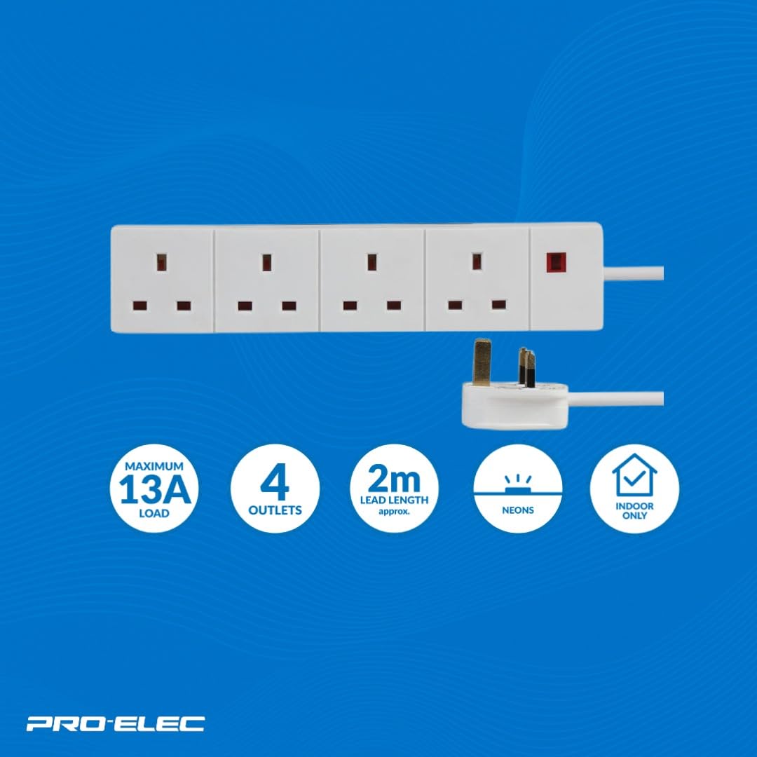 Pro Elec 3 m 4 Socket Neon On Light Extension Lead - White