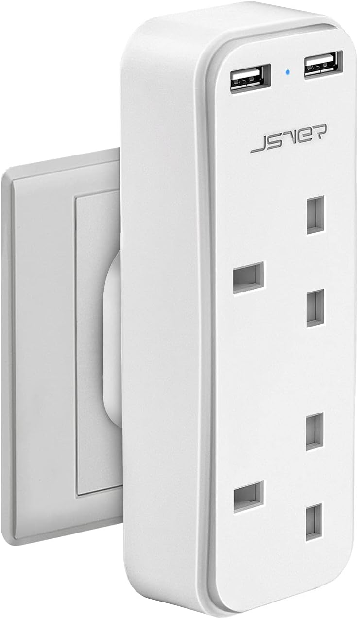 Double Plug Adaptor with 2 USB, JSVER Mini 2 Way Plugs Extension Sockets with USB Ports(5V/2.4A) Wall Charger Adapter, 13A UK 3 Pin Power Socket for Home, Office, Kitchen,White