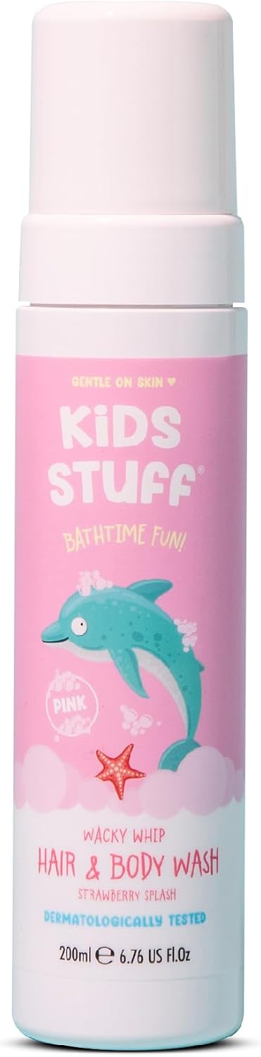Kids Stuff Pink Wacky Whip Foaming Hair & Body Wash with Strawberry Swirl Fragrance | Dermatologically Tested Kids Hair & Body Wash | Gently Cleanses Hair & Skin | Vegan | Cruelty Free | 200ml