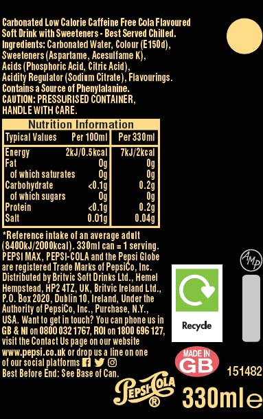 Pepsi Max Caffeine Free Cola | 330ml Can | 24 Pack
