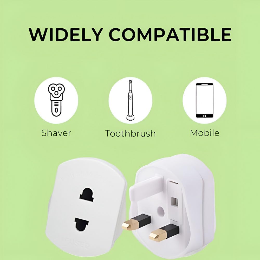 1 Pack White Shaver Plug Adaptor UK, 2 Pin to 3 Pin Adapter Plug UK