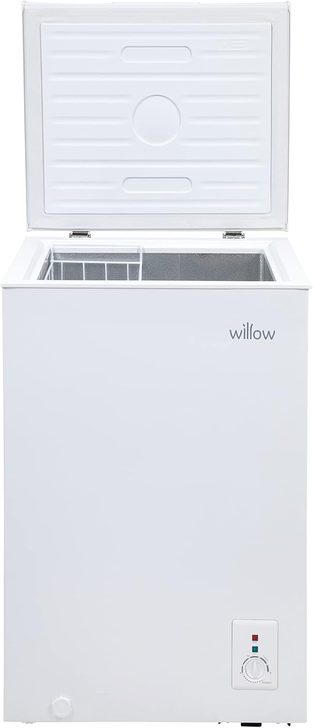 Willow W99CFW Freestanding 99L Chest Freezer with Removable Storage Basket, Suitable for Outbuildings and Garages, 4* Freezer Rating - White