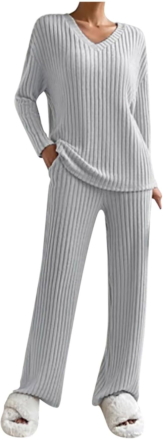 Lounge Wear Sets For Women Uk Womens Pyjamas Set Ladies Pyjamas Two Piece Outfit Fleece Tracksuits V-Neck Long Sleeve Jumpers And Wide Leg Trousers With Pockets Sleepwear Plain Casual Homewear
