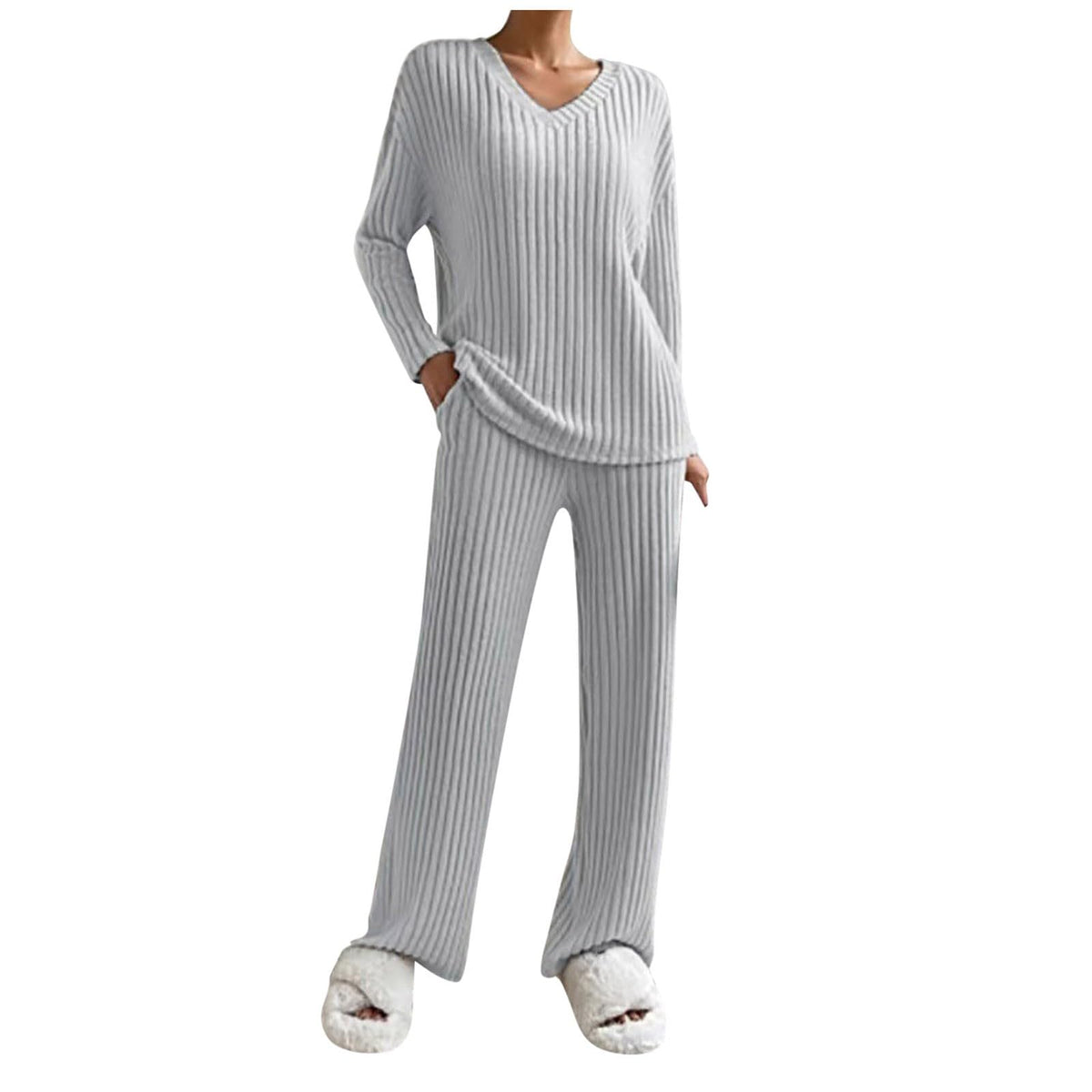 Lounge Wear Sets For Women Uk Womens Pyjamas Set Ladies Pyjamas Two Piece Outfit Fleece Tracksuits V-Neck Long Sleeve Jumpers And Wide Leg Trousers With Pockets Sleepwear Plain Casual Homewear