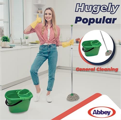 Abbey Professional Mop and Bucket Set Heavy Duty with Wringer and Two Traditional Cotton Mop Heads for Cleaning Floors – Strong Aluminum Mop Handles – Mop Bucket Capacity 12L with Pouring Lip (Red)