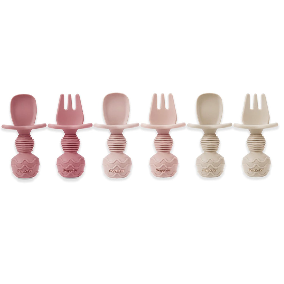 PandaEar 6 Pack Silicone Baby Weaning Spoons and Forks Set| Toddler Cutlery Self Feeding Spoons for Baby| Anti-Choke Design for Baby Led Weaning 3 Months Plus (Blue Green Tan)