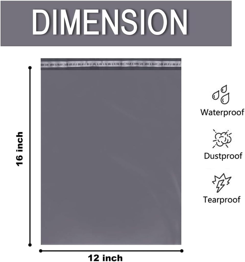100 Pcs Grey Mailing Bags 12x16 Inch, Self-Seal Poly Postal Envelopes for Parcels, Medium Postage Packaging 305mm x 407mm