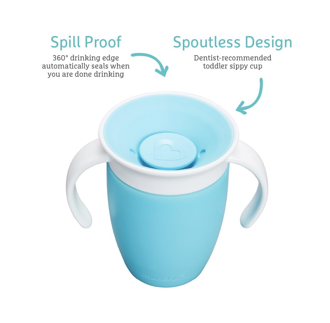 Munchkin Miracle 360 Sippy Cup | Trainer Toddler BPA Free Baby & Toddler Cups w.Handles | Non Spill | Dishwasher Safe Baby | Leakproof | 6+ Months| 7oz/207ml | 2 Pack | Blue/Green