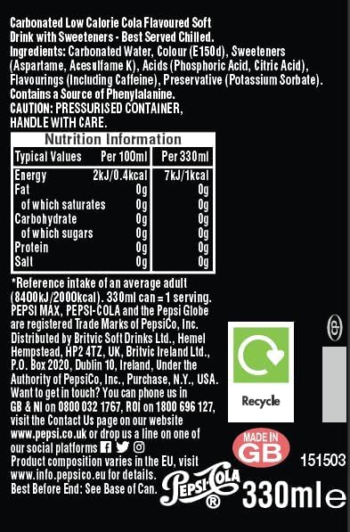 Pepsi Max Cola | 330ml Can | 24 Pack