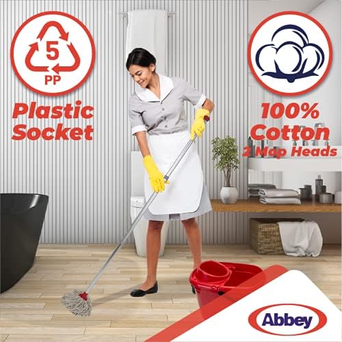 Abbey Professional Mop and Bucket Set Heavy Duty with Wringer and Two Traditional Cotton Mop Heads for Cleaning Floors – Strong Aluminum Mop Handles – Mop Bucket Capacity 12L with Pouring Lip (Red)