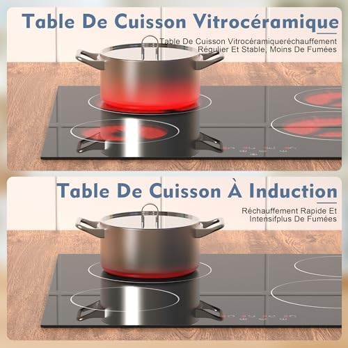 NOXTON Ceramic Hob, Built-in 4 Zone Electric Hobs 60cm Noise-free Auto Shut-off Safe Lock Heat Indicator Black Glass Panel Cooktop with Touch Controls