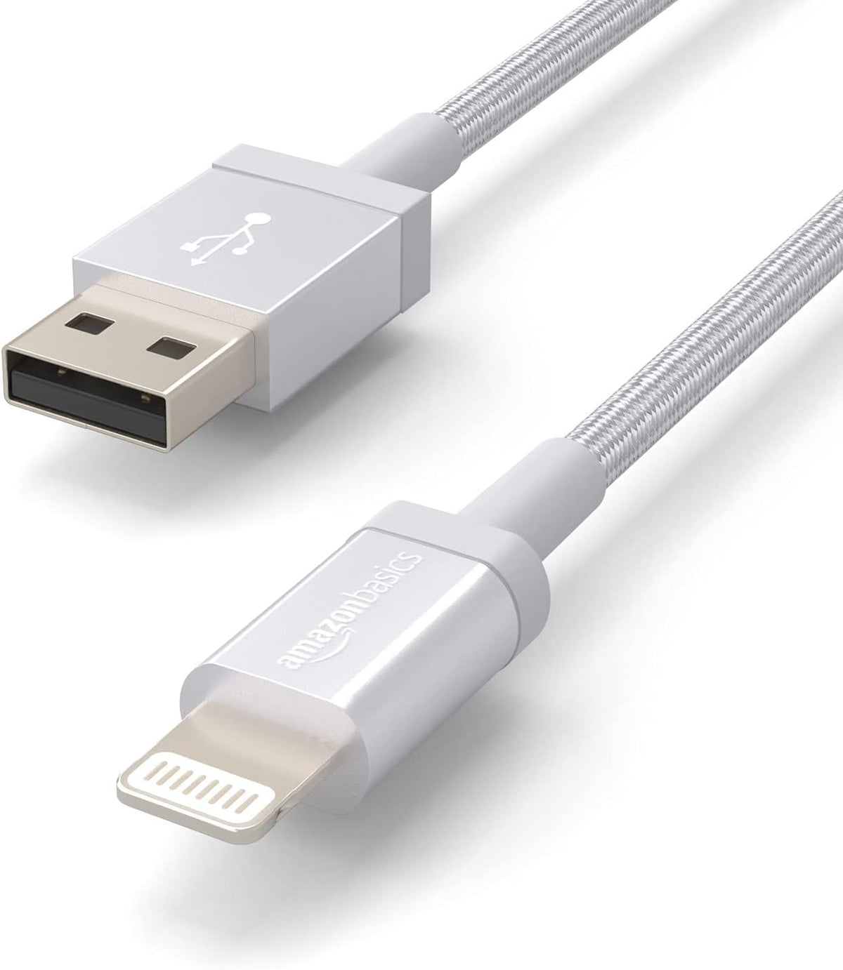 Amazon Basics USB-A to Lightning Charger Cable, Nylon Braided Cord, MFi Certified for Apple iPhone 14 13 12 11 X Xs Pro, Pro Max, Plus, iPad, 0.9 m, Silver