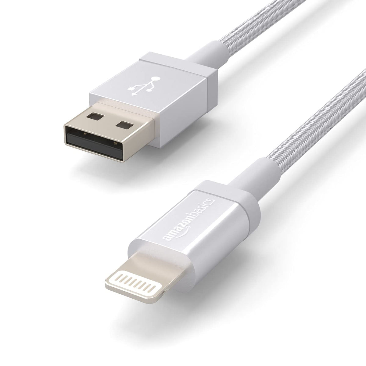 Amazon Basics USB-A to Lightning Charger Cable, Nylon Braided Cord, MFi Certified for Apple iPhone 14 13 12 11 X Xs Pro, Pro Max, Plus, iPad, 0.9 m, Silver