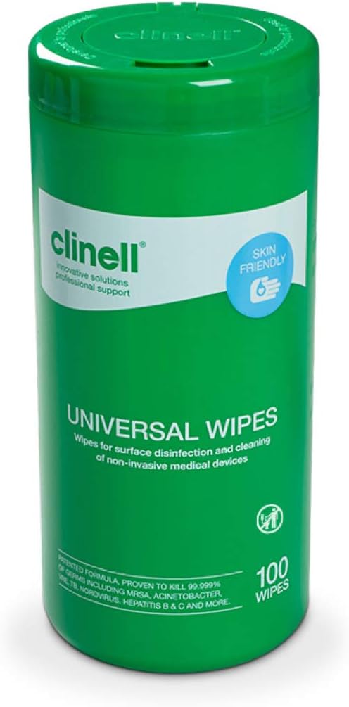 Clinell Universal Cleaning and Disinfectant Wipes for Surfaces - Tub of 100 Wipes - Multi Purpose, Kills 99.99% of Germs, Quick Action - 275mm x 190mm - Neutral Scent