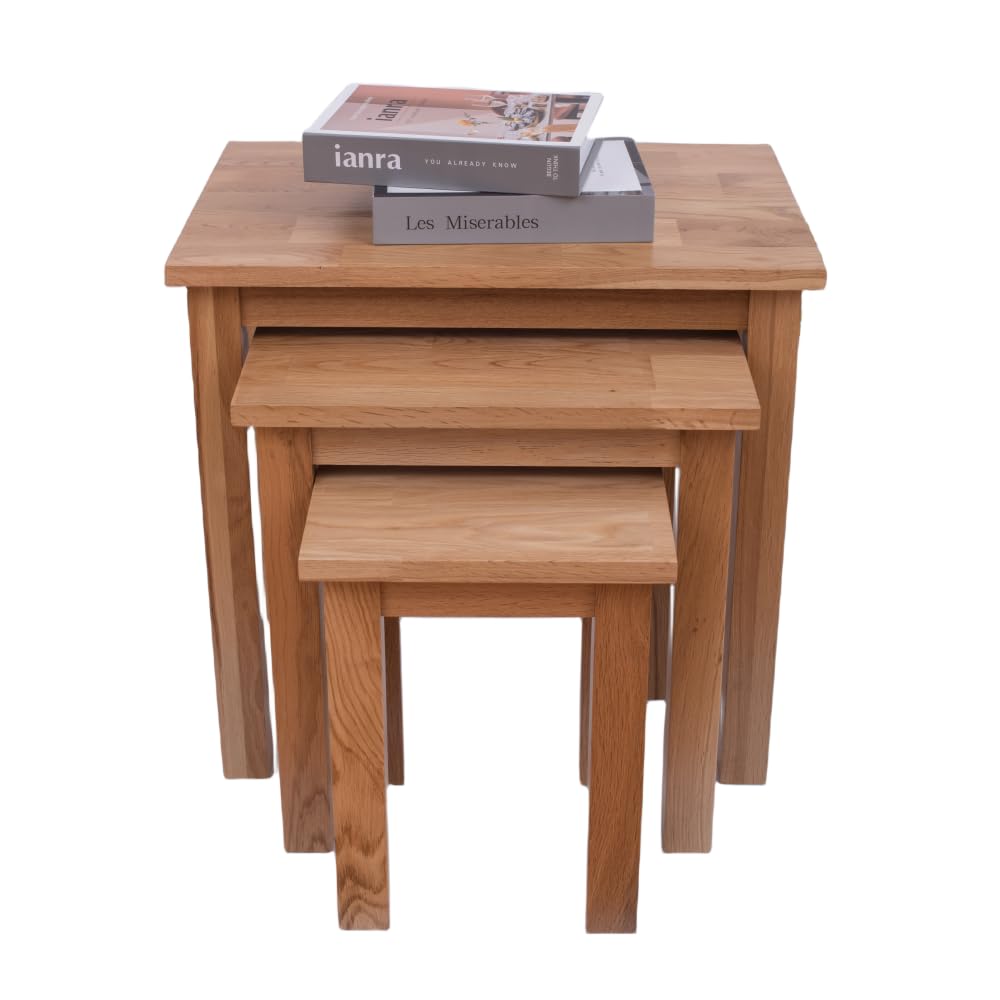 Oak 3 Nest of Tables, Solid Wooden Nesting Tables, Wooden Table Lamp, Plant Table, Multifunctional Nested Coffee Table, Side Tables for Living Room
