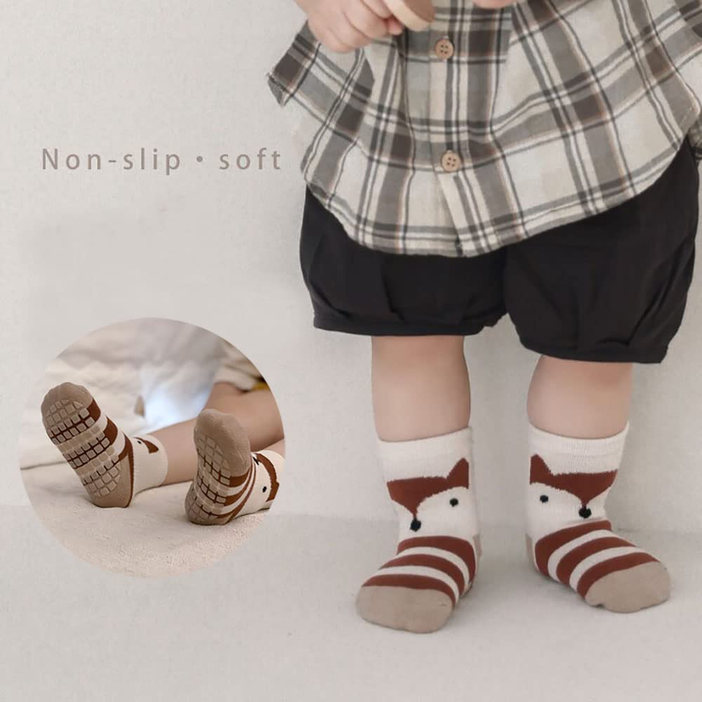 FedMois 5 Pairs Baby Kids Anti-slip Socks Cotton non skid Ankle Socks Animals