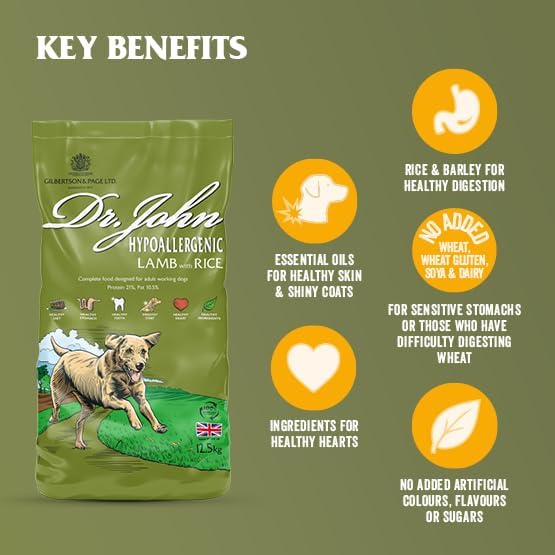 Dr John Hypoallergenic Dry Dog Food Lamb with Rice 12.5kg - Wheat Free Recipe Dog Food for Sensitive Stomach & Digestion - Complete Adult & Senior Dog Food - Skin, Coat & Joint Support