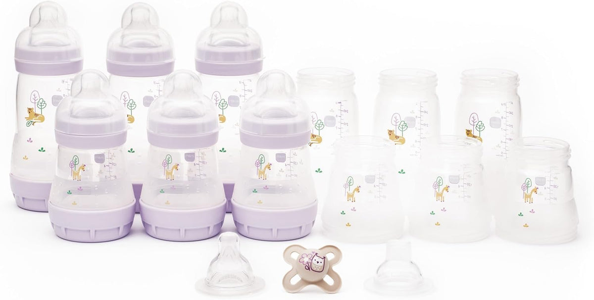 MAM Easy Start Anti-Colic Bottle Starter Set | Includes 4X Feeding Bottles and MAM Original Start 0-2 Month Soother | Self-Sterilising | Baby Gift Set of Newborn Essentials | White (Various Designs)