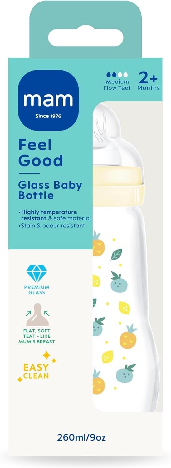MAM Glass Bottle, 2X 260ml, with SkinSoft Silicone Teat, Yellow