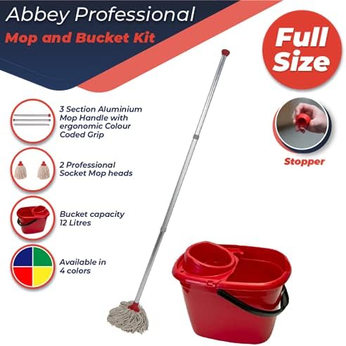 Abbey Professional Mop and Bucket Set Heavy Duty with Wringer and Two Traditional Cotton Mop Heads for Cleaning Floors – Strong Aluminum Mop Handles – Mop Bucket Capacity 12L with Pouring Lip (Red)