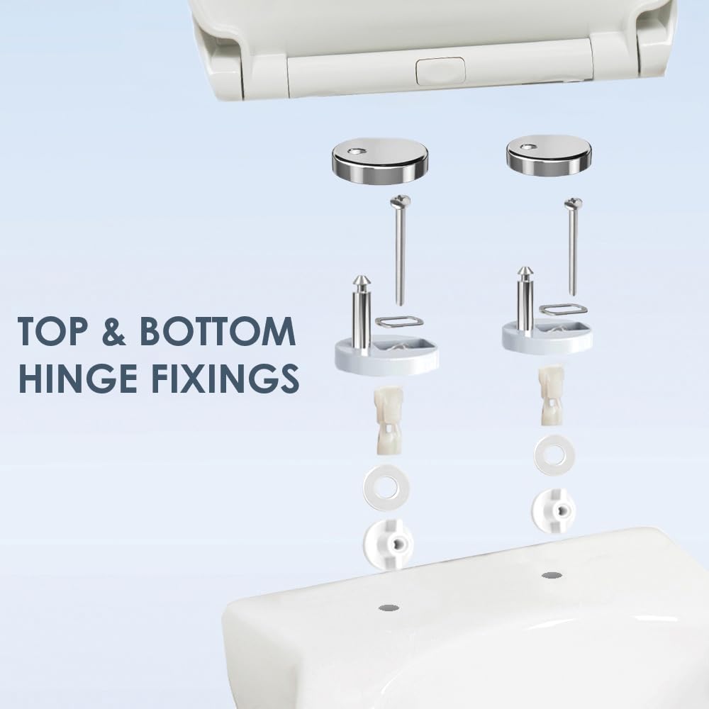 AQUALONA® Premium Thermoplastic Toilet Seat Soft Close Hardwearing Seat with Two Button Hinge Release D Shaped Easy to Clean Simple Installation Top and Bottom Fittings (White - D Shape)