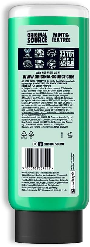 Original Source Mint & Tea Tree Shower Gel, 100 Percent Natural Fragrance, Vegan, Cruelty Free, Paraben Free, Large Bottle, 750 ml