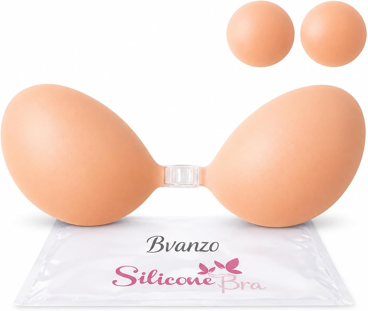 Bvanzo Stick On Bra for Women, Invisible Sticky Backless Strapless Push Up Bra with Sticky Bra Push Up, Skin Friendly and Breathable, Reusable Silicone Adhesive Bra