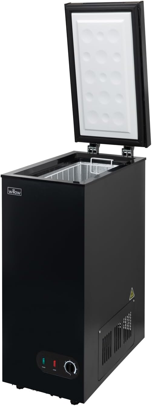 Willow WCF60B Freestanding 51L Slimline Compact Chest Freezer with Adjustable Thermostat, Removable Storage Basket, Suitable for Outbuildings and Garages - Black