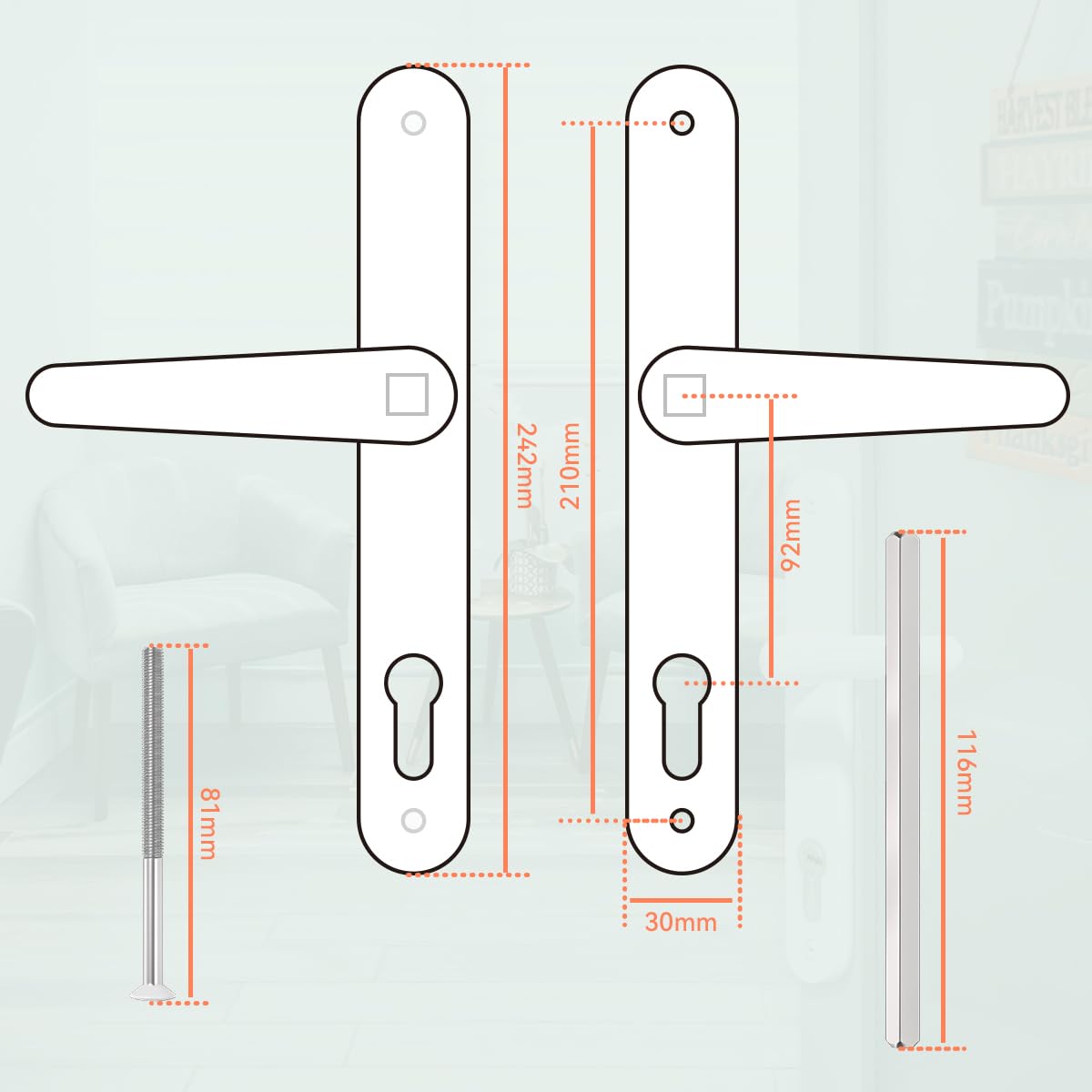 Bwintech 1 Set Black UPVC Door Handle Set, 92mm Backset,122mm Screw Hole Distance, 210mm Plate Length Front Door Handles for UPVC Door