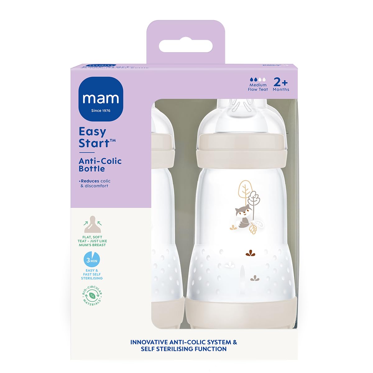 MAM Easy Start Anti-Colic Baby Bottles | 4 Pack (4X 260ml) | Self-Sterilising Baby Milk Bottle | Medium Flow MAM Teats Size 2 + 1x Fast Flow Teat Size 3 | Powder Blue (Various Designs)