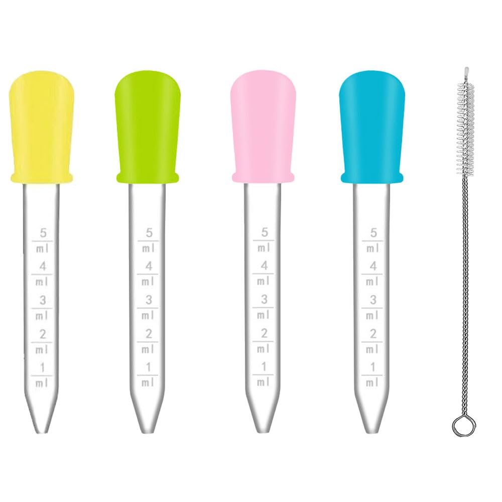 Liquid Droppers, 4 Pcs 5ml Silicone Liquid Droppers, Silicone and Plastic Droppers, Clear Plastic Droppers Pipettes, with Cleaning Brushes, for Gummy Mold and Crafts