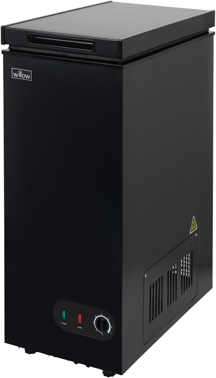 Willow WCF60B Freestanding 51L Slimline Compact Chest Freezer with Adjustable Thermostat, Removable Storage Basket, Suitable for Outbuildings and Garages - Black