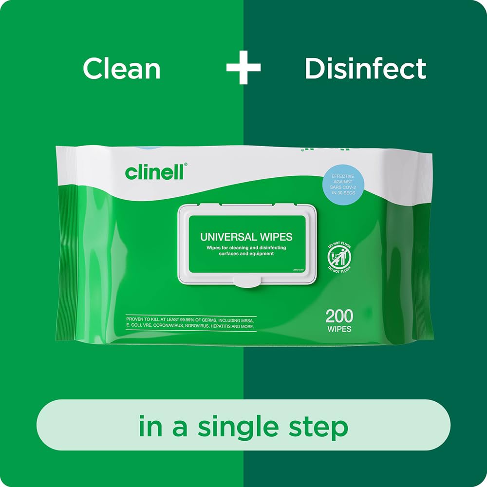 Clinell Universal Cleaning and Disinfectant Wipes - Pack of 6, 1200 Wipes - Multi Surface, Kills 99.99% of Germs, Quick Action, Green, Pleasant Fragrance