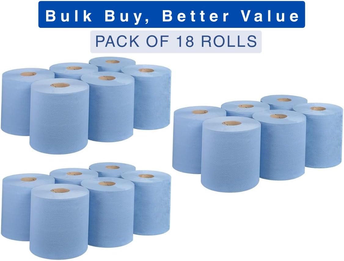 Bargain Factory Blue CENTREFEED Rolls 2 PLY 18 Pack Paper Towels Hand Towel Tissue Premium Quality Wall Mounted Lockable Rolls 100m
