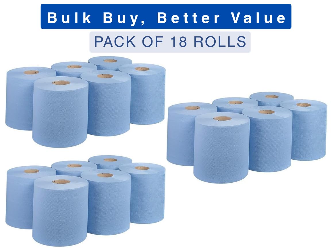 Bargain Factory Blue CENTREFEED Rolls 2 PLY 18 Pack Paper Towels Hand Towel Tissue Premium Quality Wall Mounted Lockable Rolls 100m
