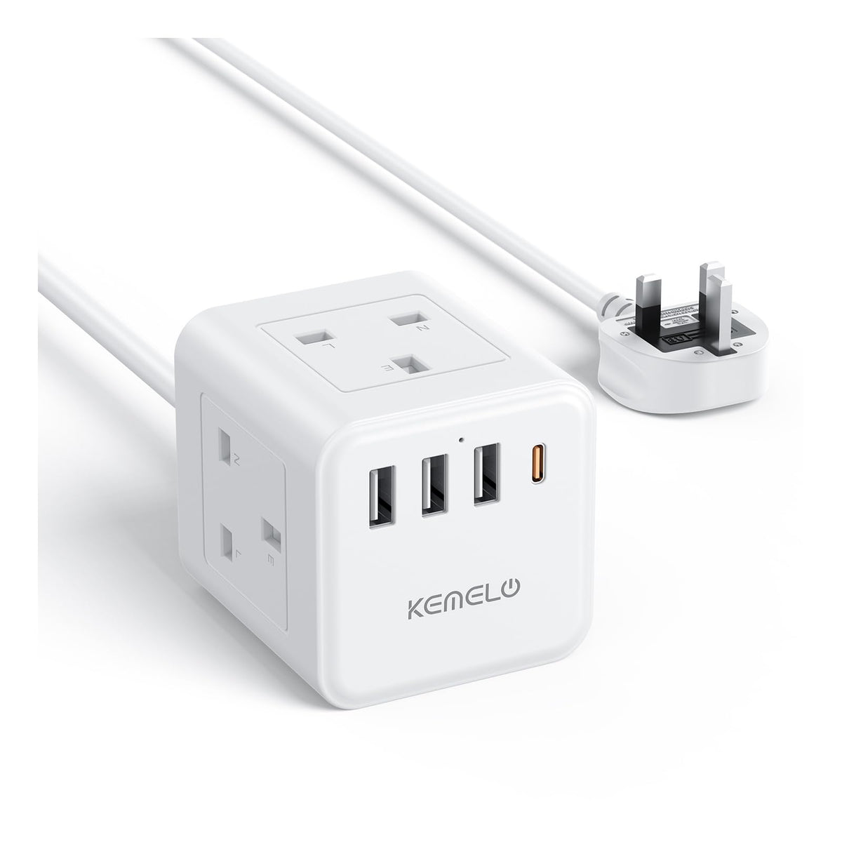 Cube Extension Lead with 4 USB Slots, Kemelo 4 Way (13A/3250W) Multi Plug Extension Cable with Child Safety UK Desktop Power Extension Socket,1.5M Extension Cords for Home Dorm Office Travel, Black
