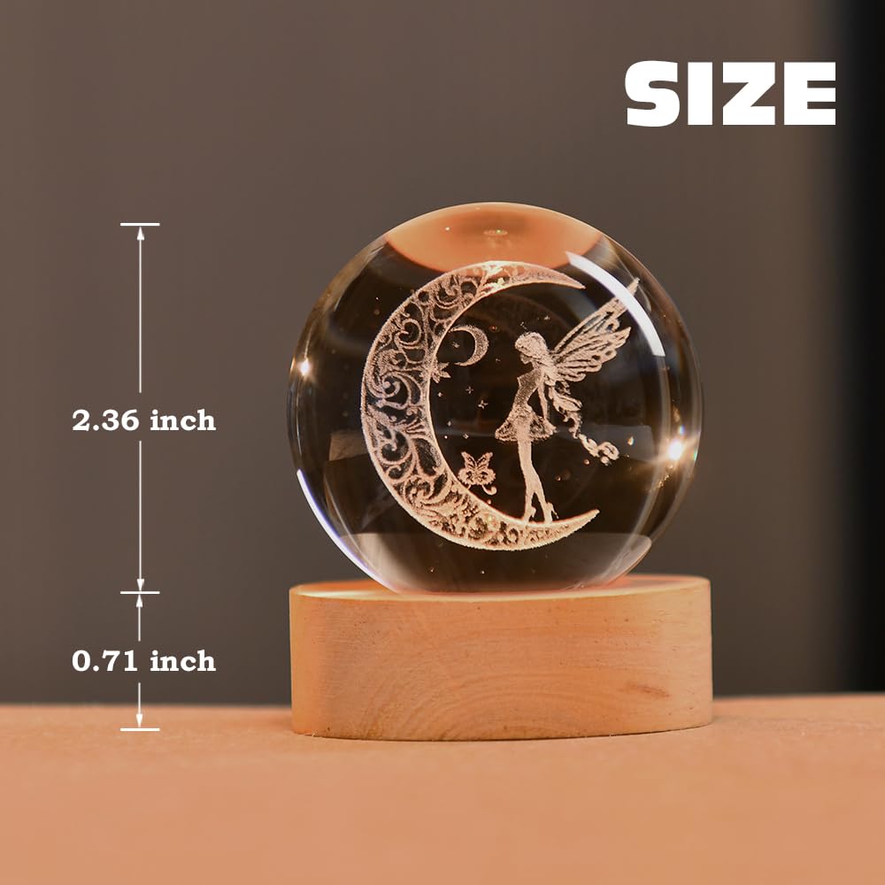 3D Fairy Crystal Ball 60mm Glass Fairy with Flower Night Light Gifts for Girl Women with Light Base