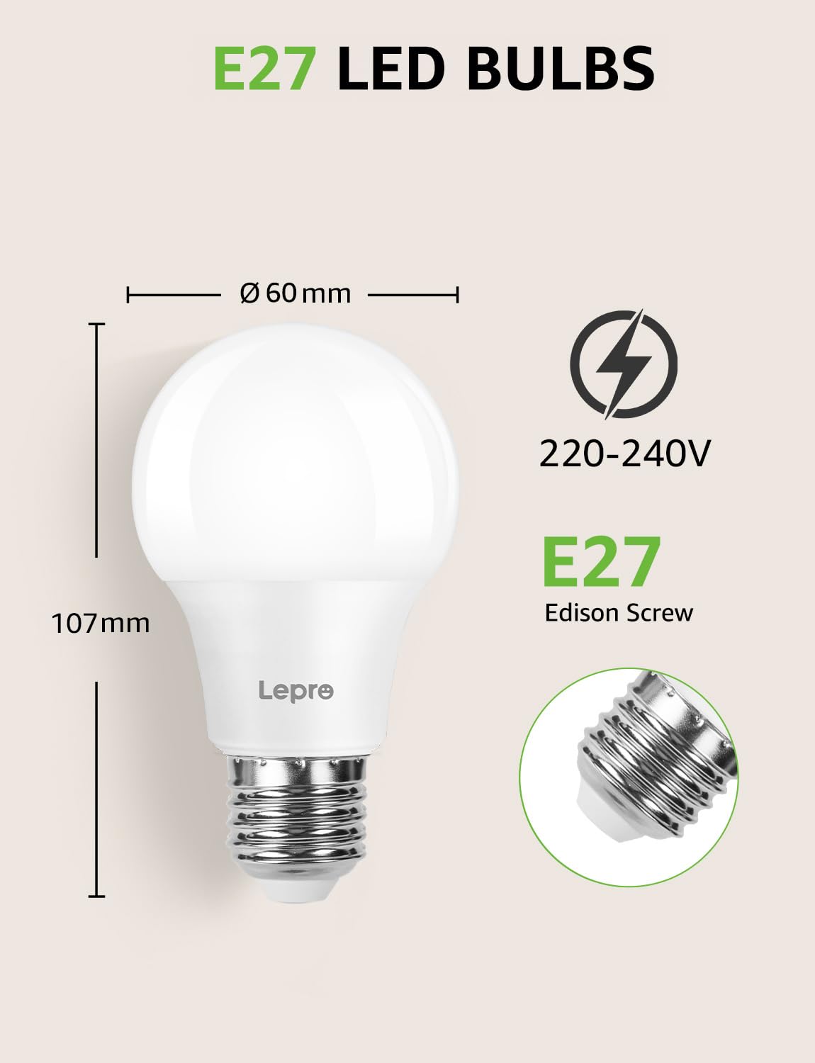 Lepro E27 Screw Bulb, 8.5W, 60W Equivalent, 806lm 2700K Warm White, 6 Pack
