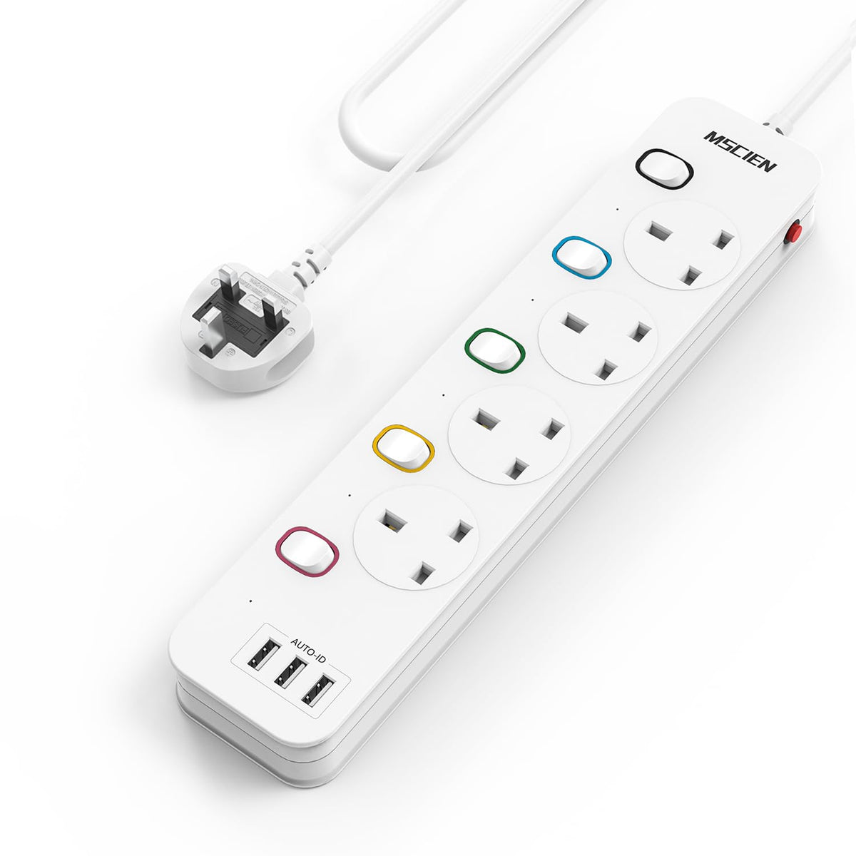 Mscien Extension Lead 1M with USB Slots 4 Way Wall Mounted, 1M Extension Lead Switched with Multiple Protection, Fused Power Strip 4 Sockets White, 13A/3250W