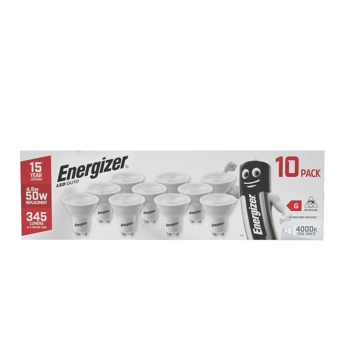 Energizer GU10 LED Bulbs Daylight White - 6500K 50W Halogen Spotlight Equivalent – 345LM - Non Dimmable. Pack of 5